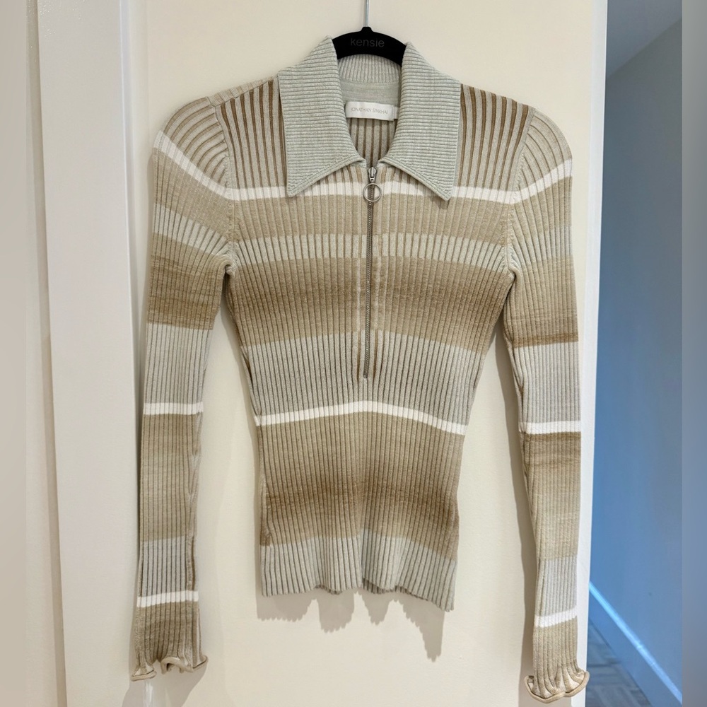 Jonathan Simkhai Allyson Striped Ribbed Polo Zip-Up Sweater